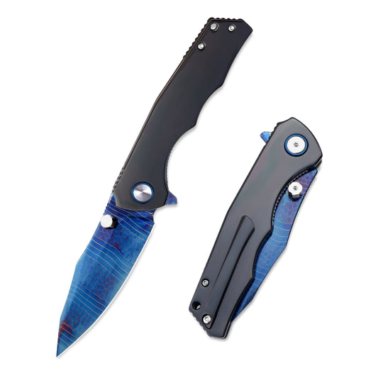 MFKNIFE Celestial Flame Folding Knife – Pattern-Welded Damascus-style Blade, Zirconium Handle KB023