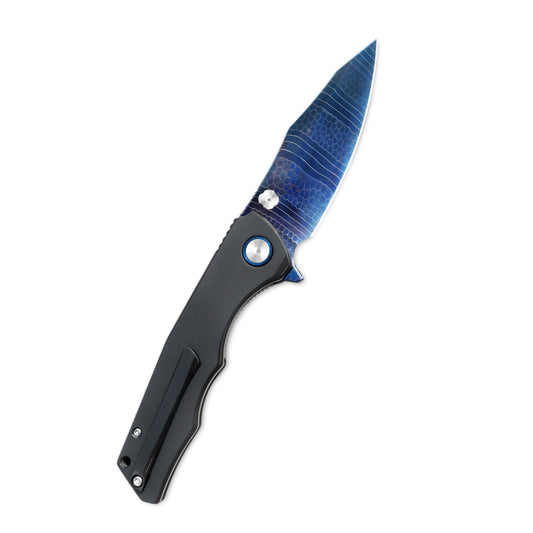 MFKNIFE Celestial Flame Folding Knife – Pattern-Welded Damascus-style Blade, Zirconium Handle KB023