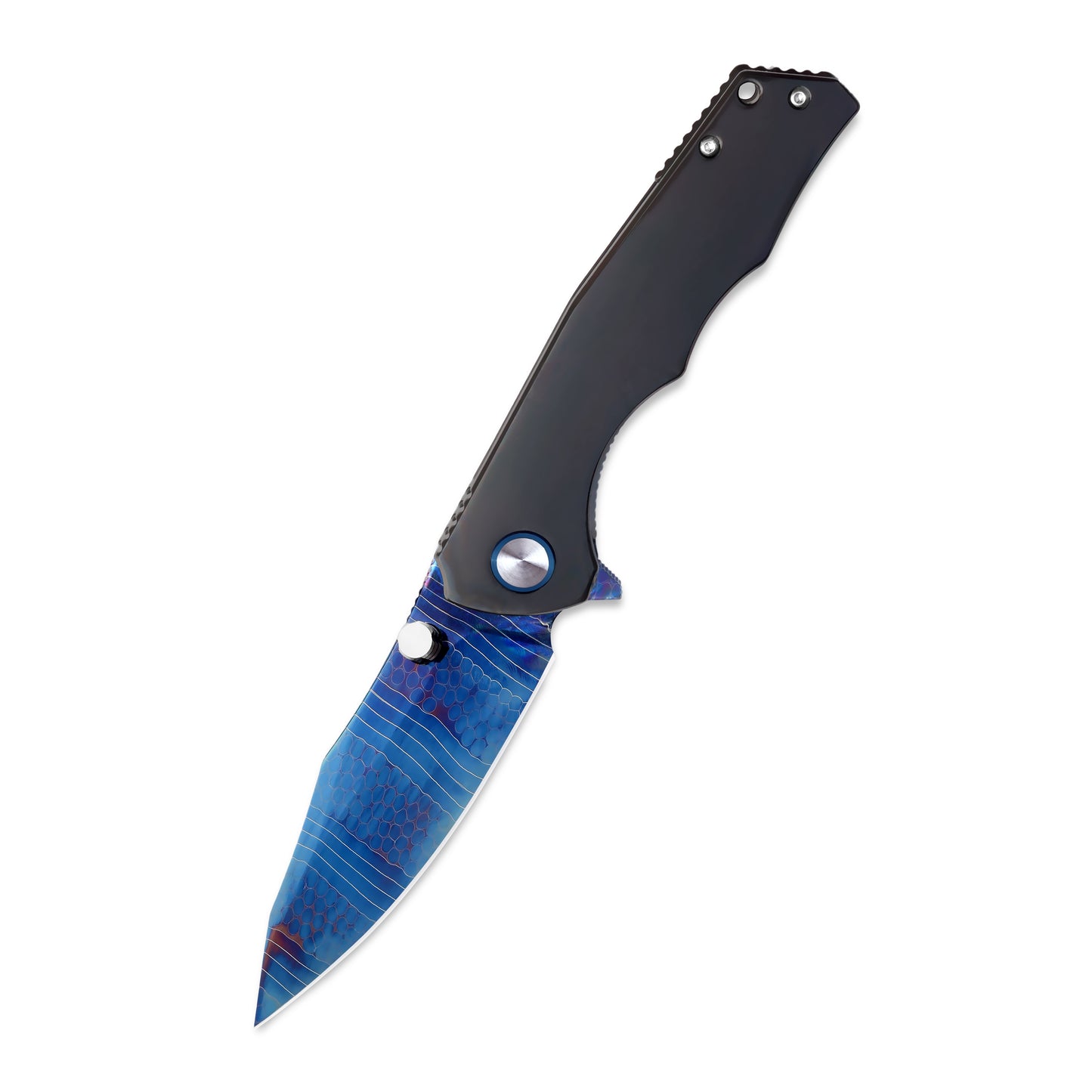 MFKNIFE Celestial Flame Folding Knife – Pattern-Welded Damascus-style Blade, Zirconium Handle KB023