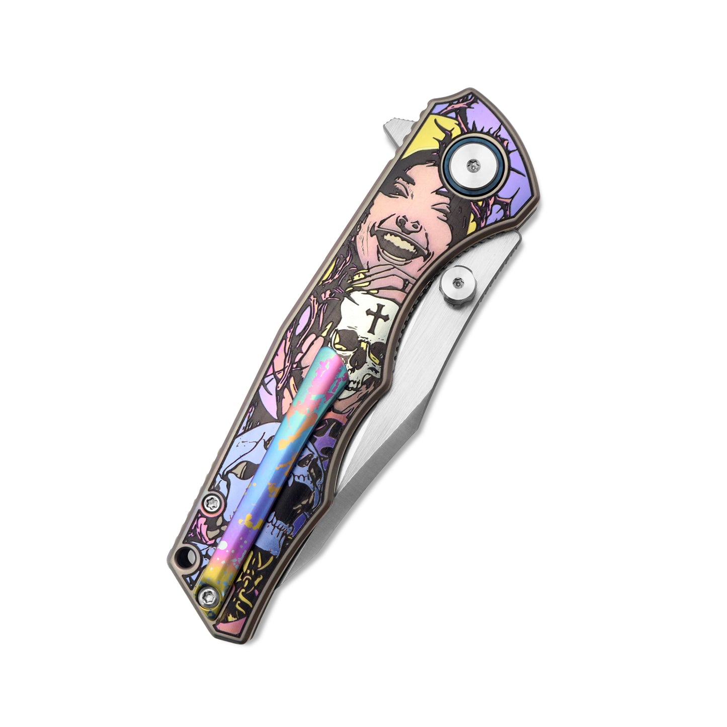 MFKNIFE Flipper & Thumb Stud Knife Titanium-Engraved Anodized Coloring Handle (4.0" VG10 Blade) KB016