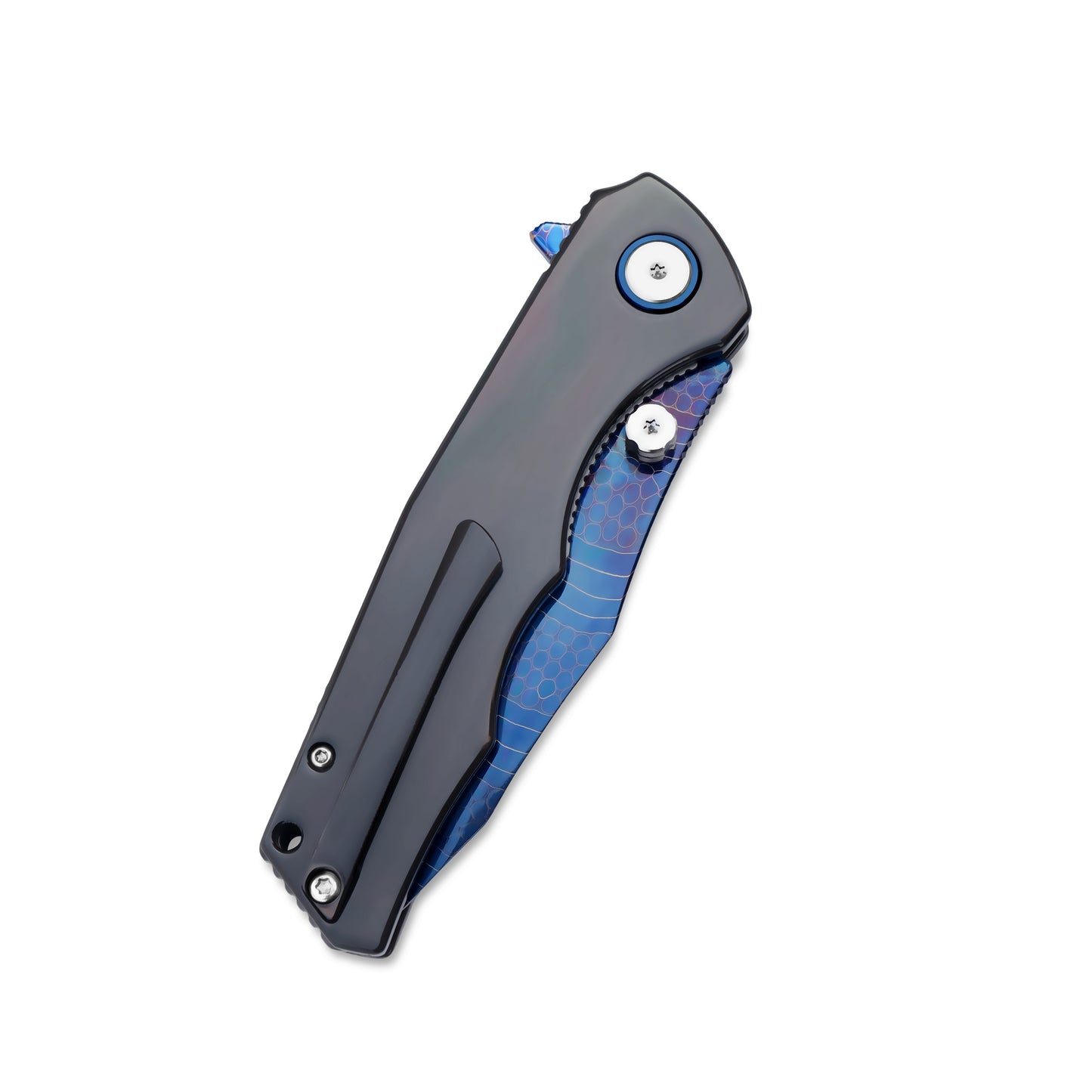 MFKNIFE Celestial Flame Folding Knife – Pattern-Welded Damascus-style Blade, Zirconium Handle KB023