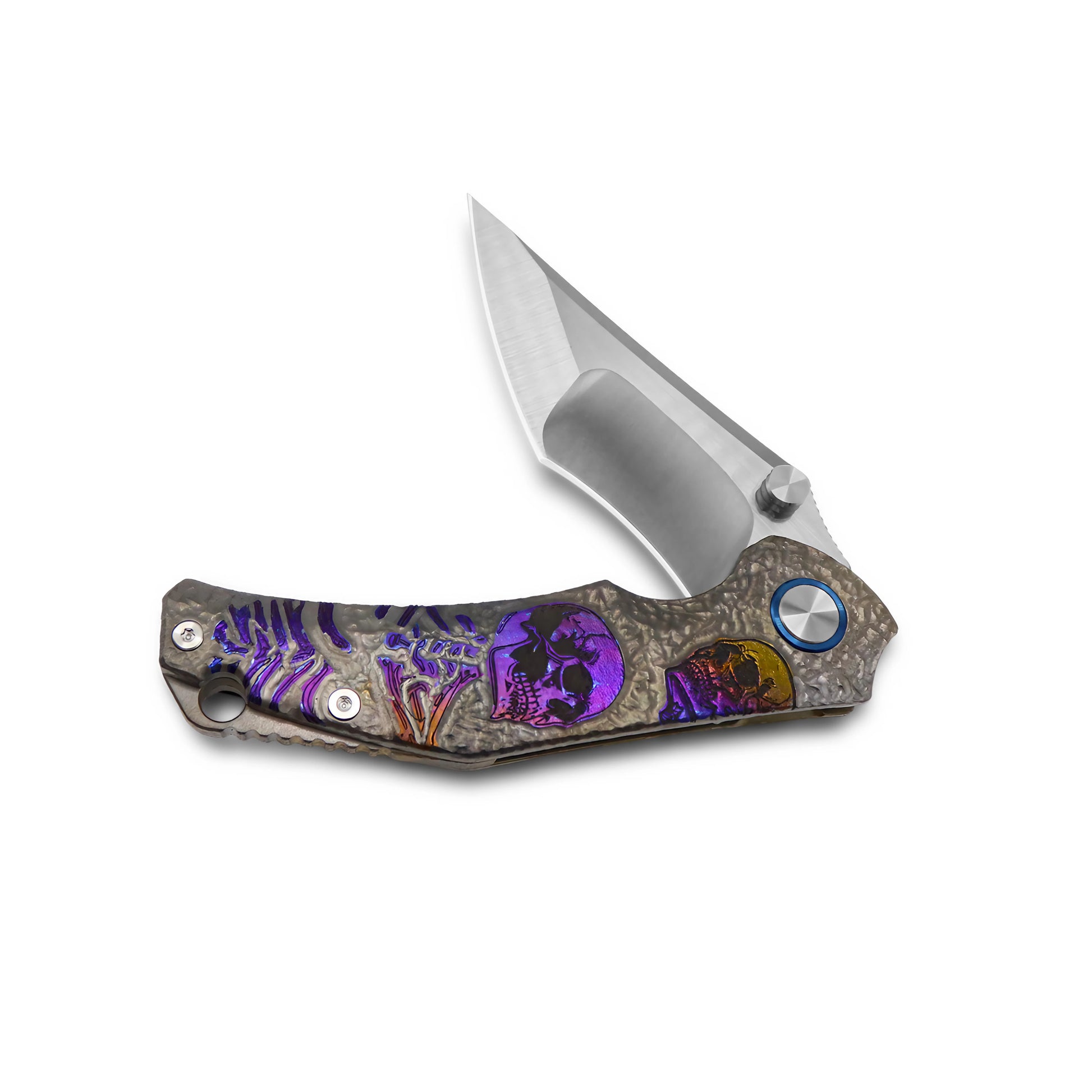 MFKNIFE KB006 folding knife partially open, non-clip side, VG10 blade, skull-engraved titanium handle with anodized finish, sleek handle profile