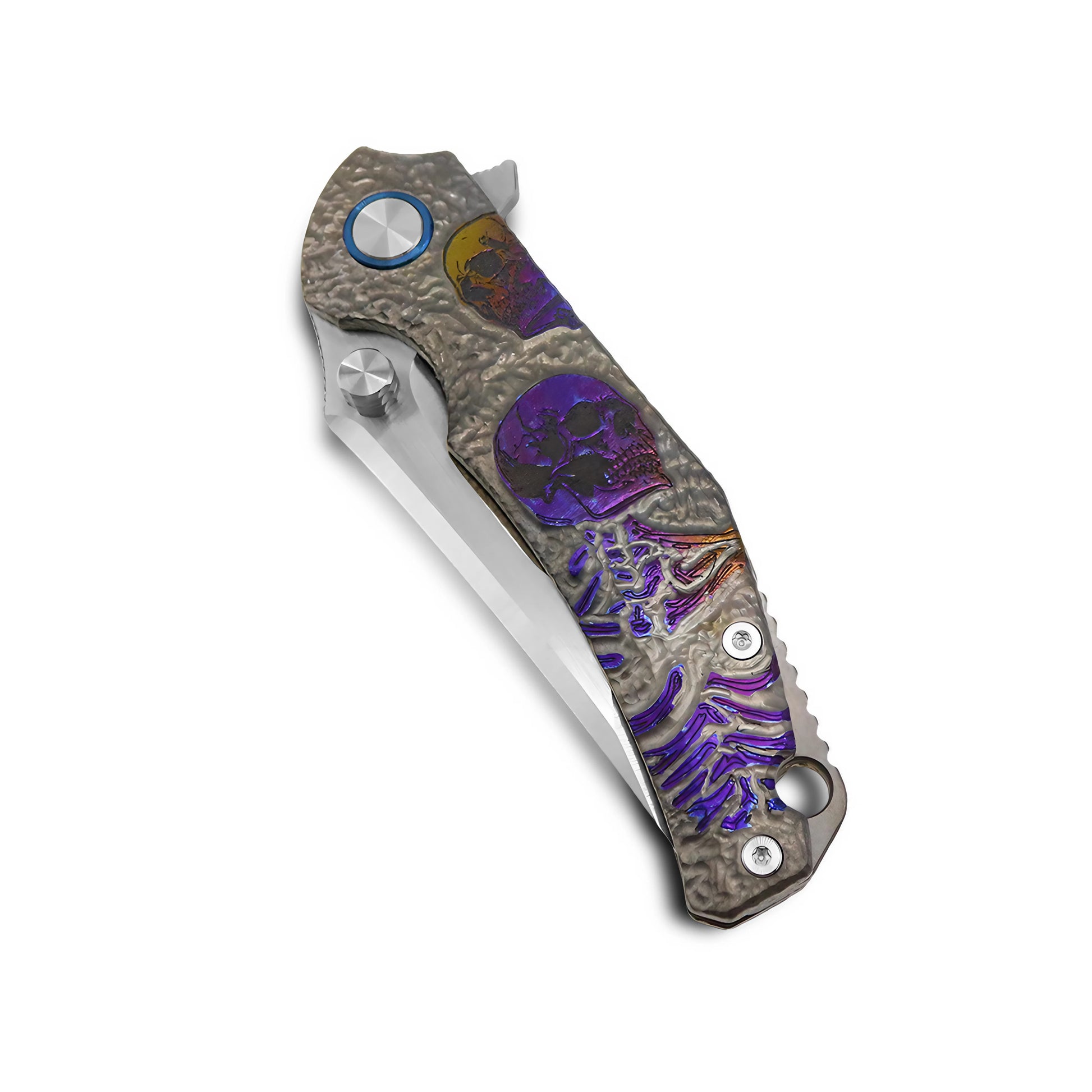 MFKNIFE KB006 folding knife closed, non-clip side, full knife view with VG10 blade, skull-engraved titanium handle and anodized finish