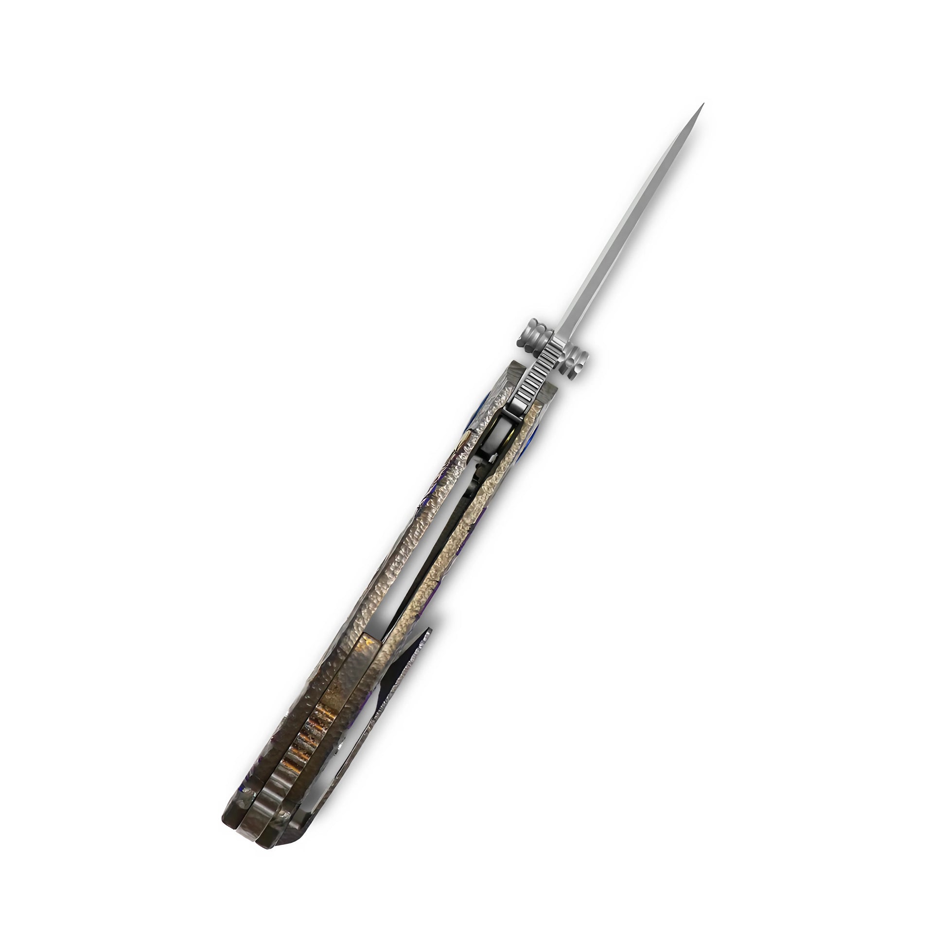 MFKNIFE KB006 fully open folding knife, front view from blade spine, VG10 blade, titanium handle with skull engraving and anodized finish, bold design highlight