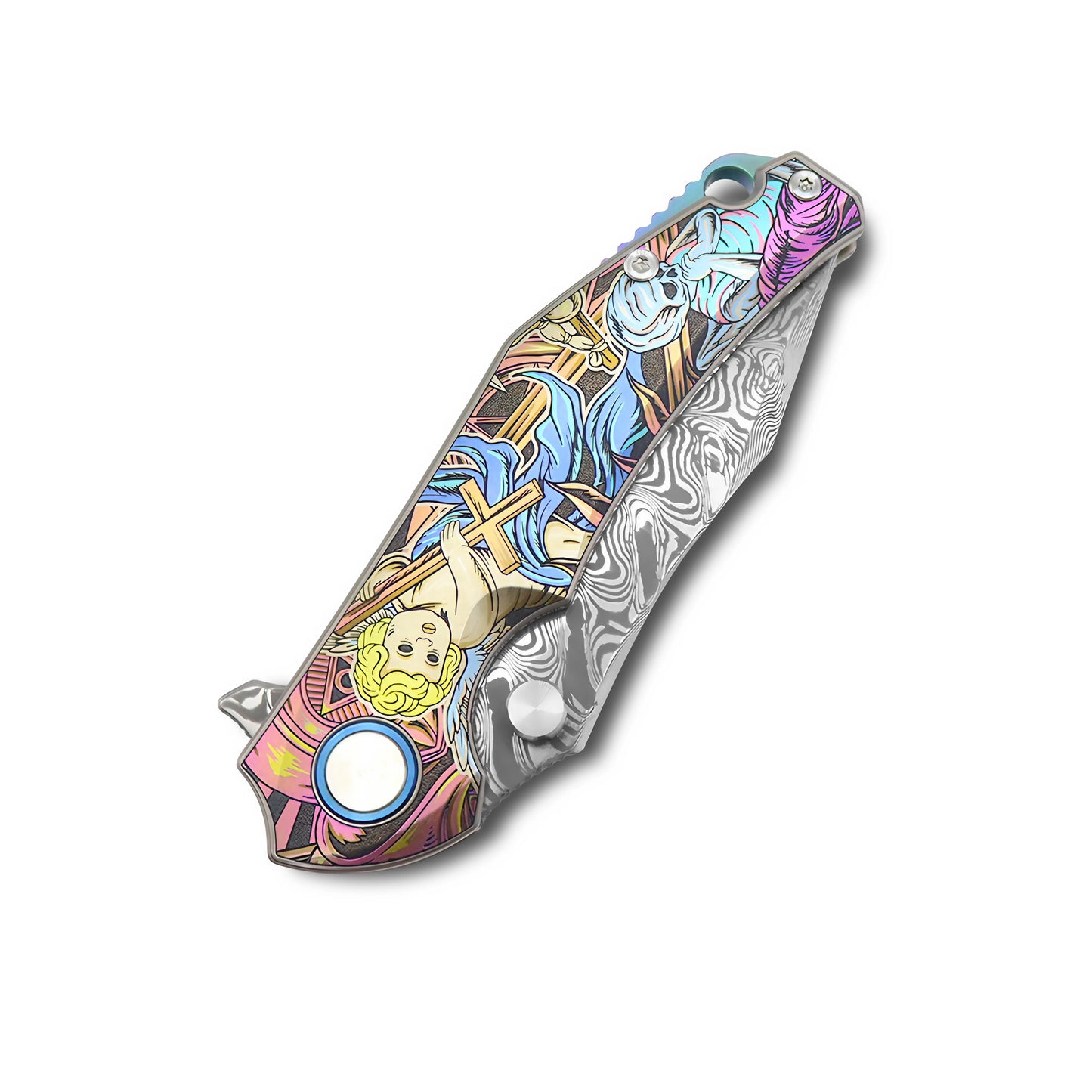 MFKNIFE Flipper & Thumb Stud Knife Titanium-Engraved Anodized Coloring Handle (4.0" VG10 Blade) KB007