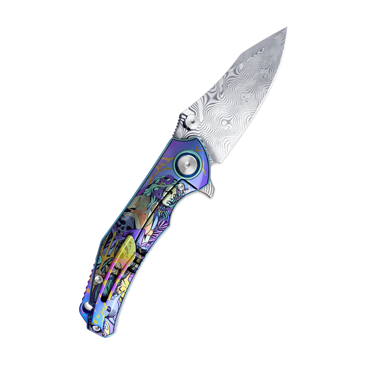 MFKNIFE Flipper & Thumb Stud Knife Titanium-Engraved Anodized Coloring Handle (4.1" Damascus steel Blade) KB017