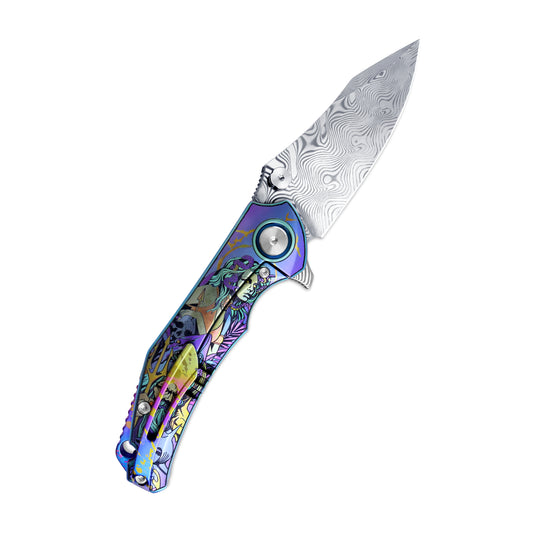 MFKNIFE Flipper & Thumb Stud Knife Titanium-Engraved Anodized Coloring Handle (4.1" Damascus steel Blade) KB017