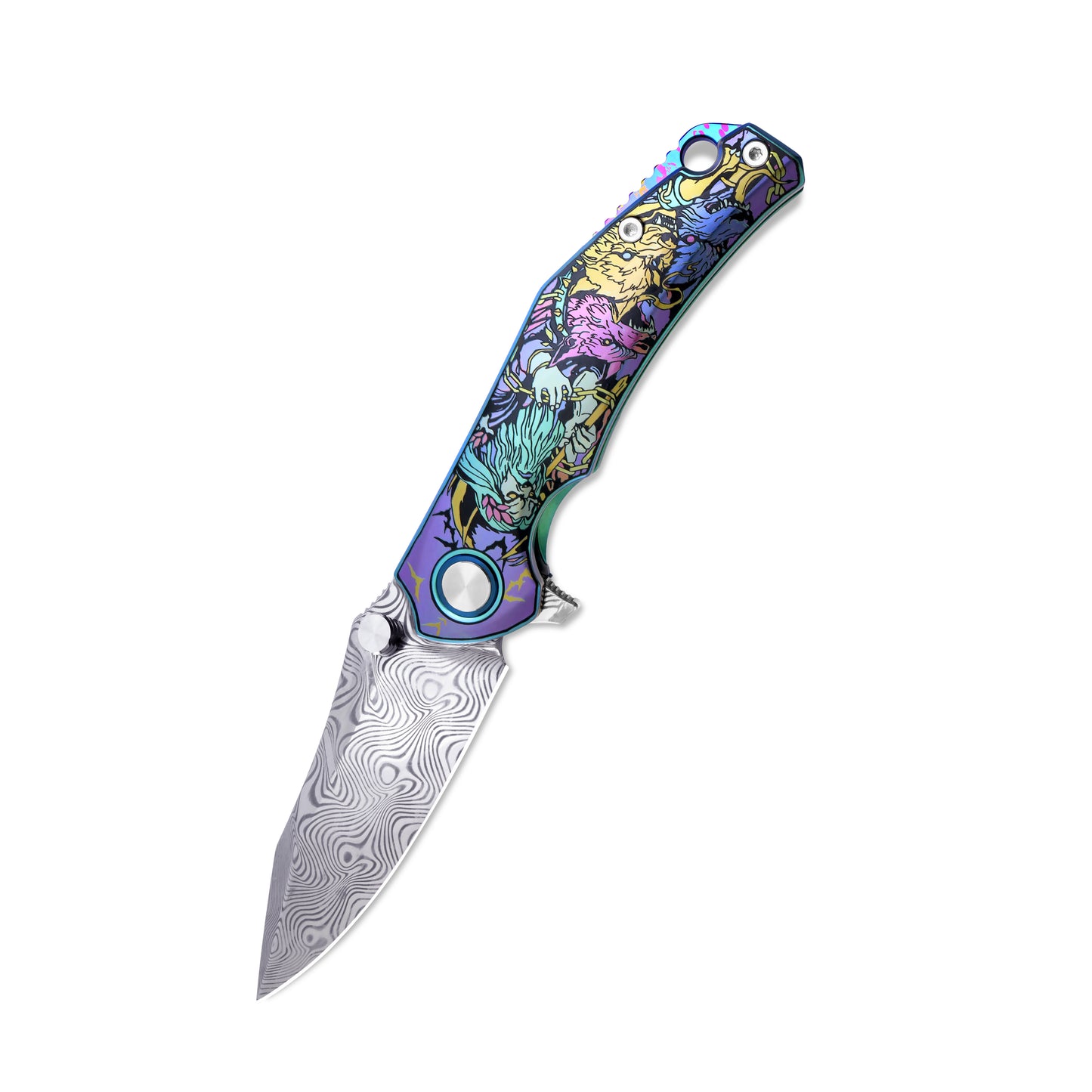 MFKNIFE Flipper & Thumb Stud Knife Titanium-Engraved Anodized Coloring Handle (4.1" Damascus steel Blade) KB017