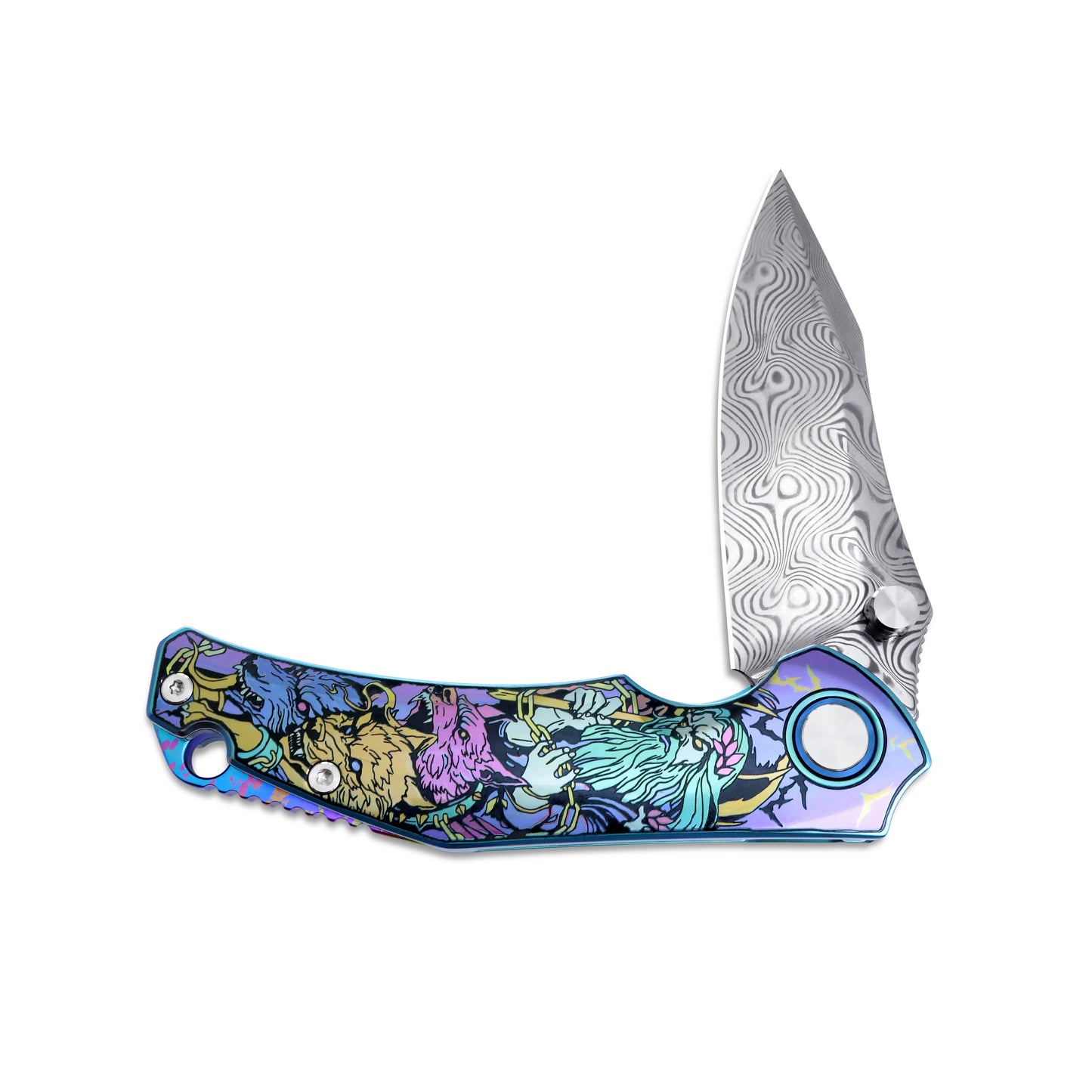 MFKNIFE Flipper & Thumb Stud Knife Titanium-Engraved Anodized Coloring Handle (4.1" Damascus steel Blade) KB017
