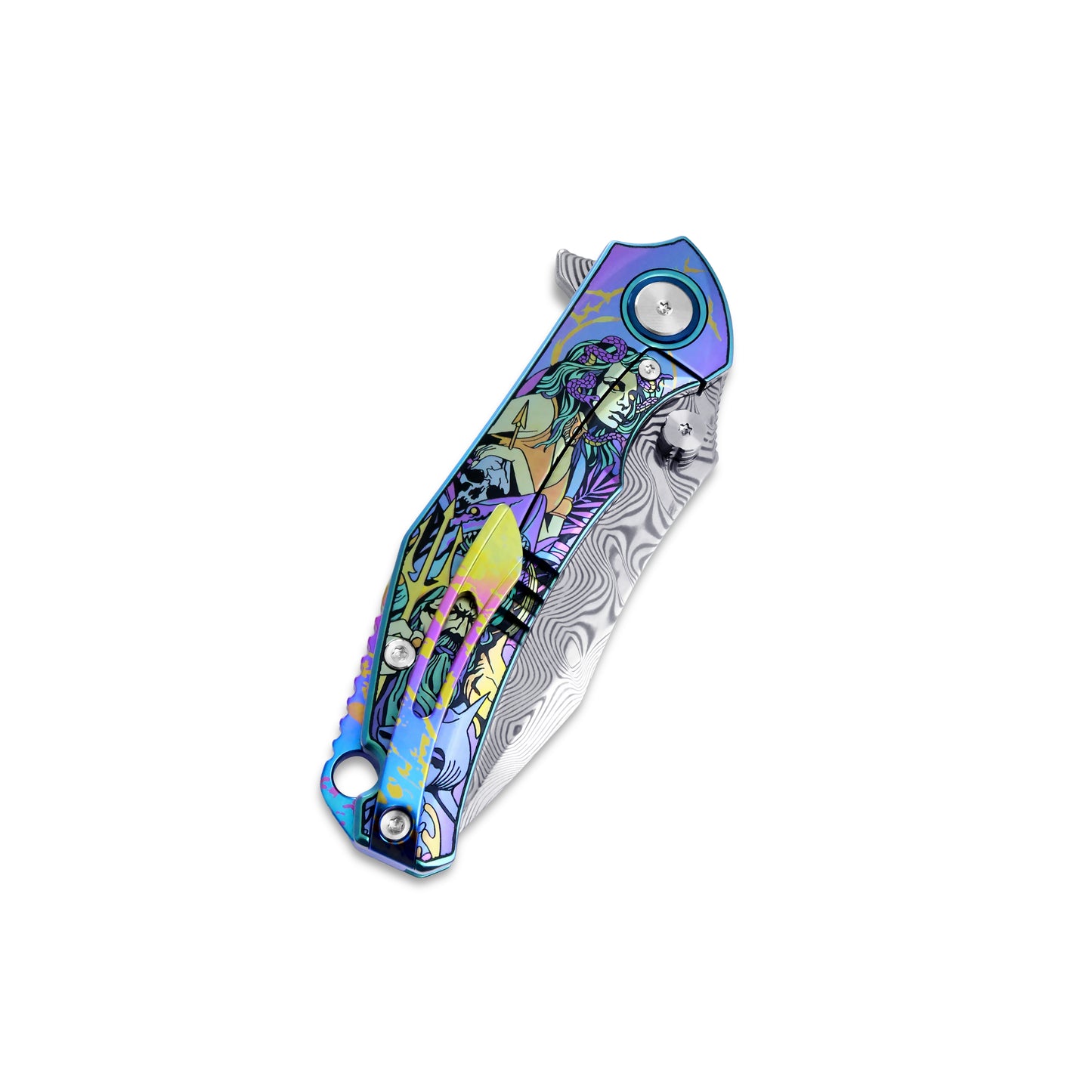 MFKNIFE Flipper & Thumb Stud Knife Titanium-Engraved Anodized Coloring Handle (4.1" Damascus steel Blade) KB017