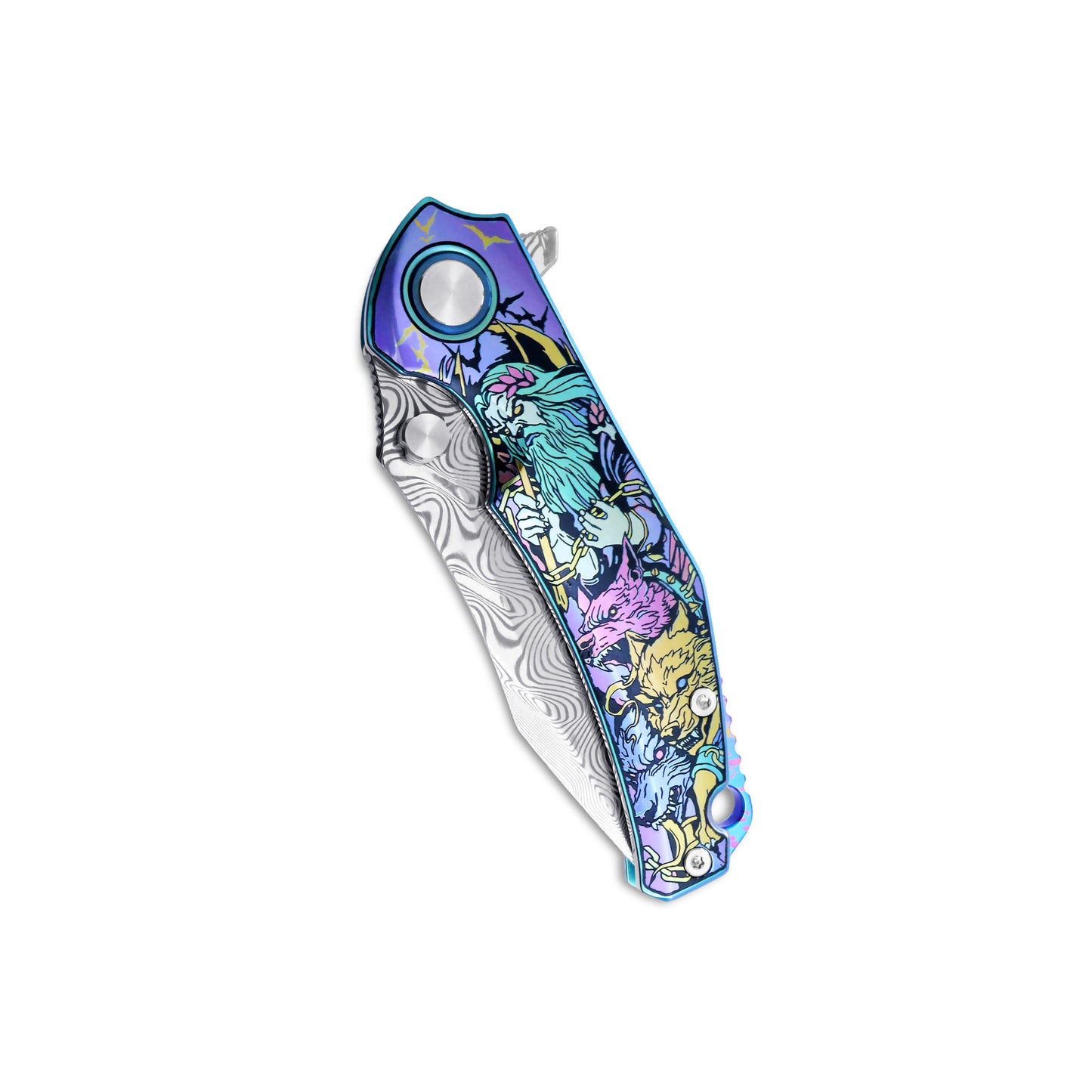 MFKNIFE Flipper & Thumb Stud Knife Titanium-Engraved Anodized Coloring Handle (4.1" Damascus steel Blade) KB017