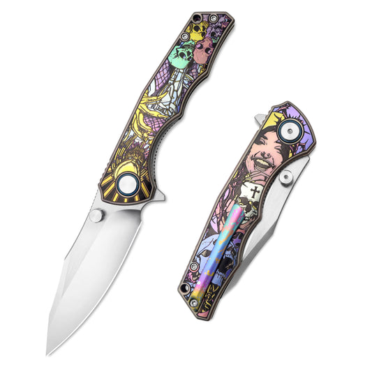 MFKNIFE Flipper & Thumb Stud Knife Titanium-Engraved Anodized Coloring Handle (4.0" VG10 Blade) KB016