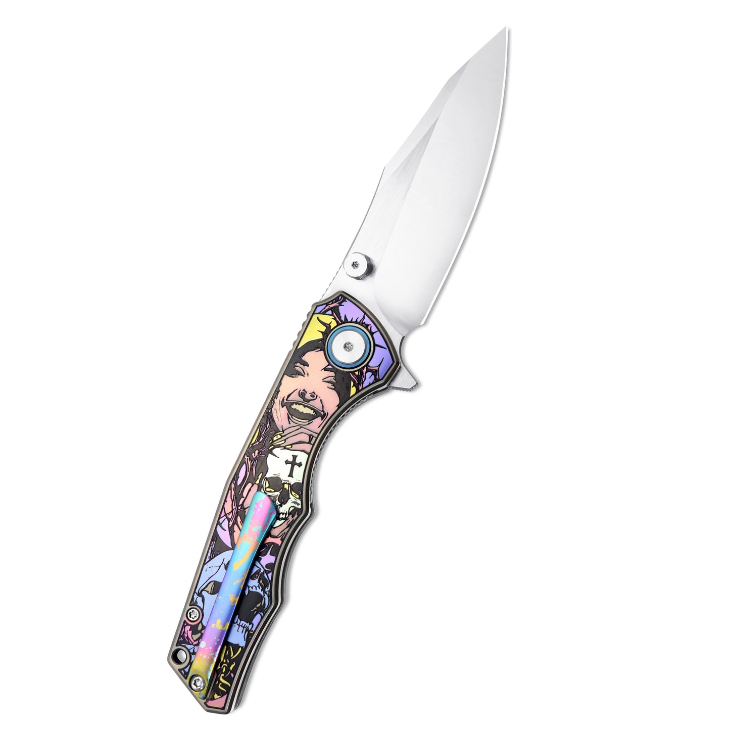 MFKNIFE Flipper & Thumb Stud Knife Titanium-Engraved Anodized Coloring Handle (4.0" VG10 Blade) KB016