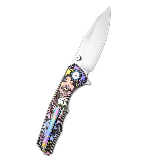 MFKNIFE Flipper & Thumb Stud Knife Titanium-Engraved Anodized Coloring Handle (4.0" VG10 Blade) KB016