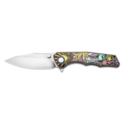 MFKNIFE Flipper & Thumb Stud Knife Titanium-Engraved Anodized Coloring Handle (4.0" VG10 Blade) KB016