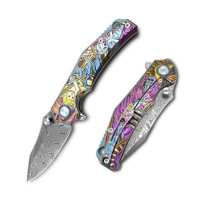 MFKNIFE Flipper & Thumb Stud Knife Titanium-Engraved Anodized Coloring Handle (4.0" VG10 Blade) KB007