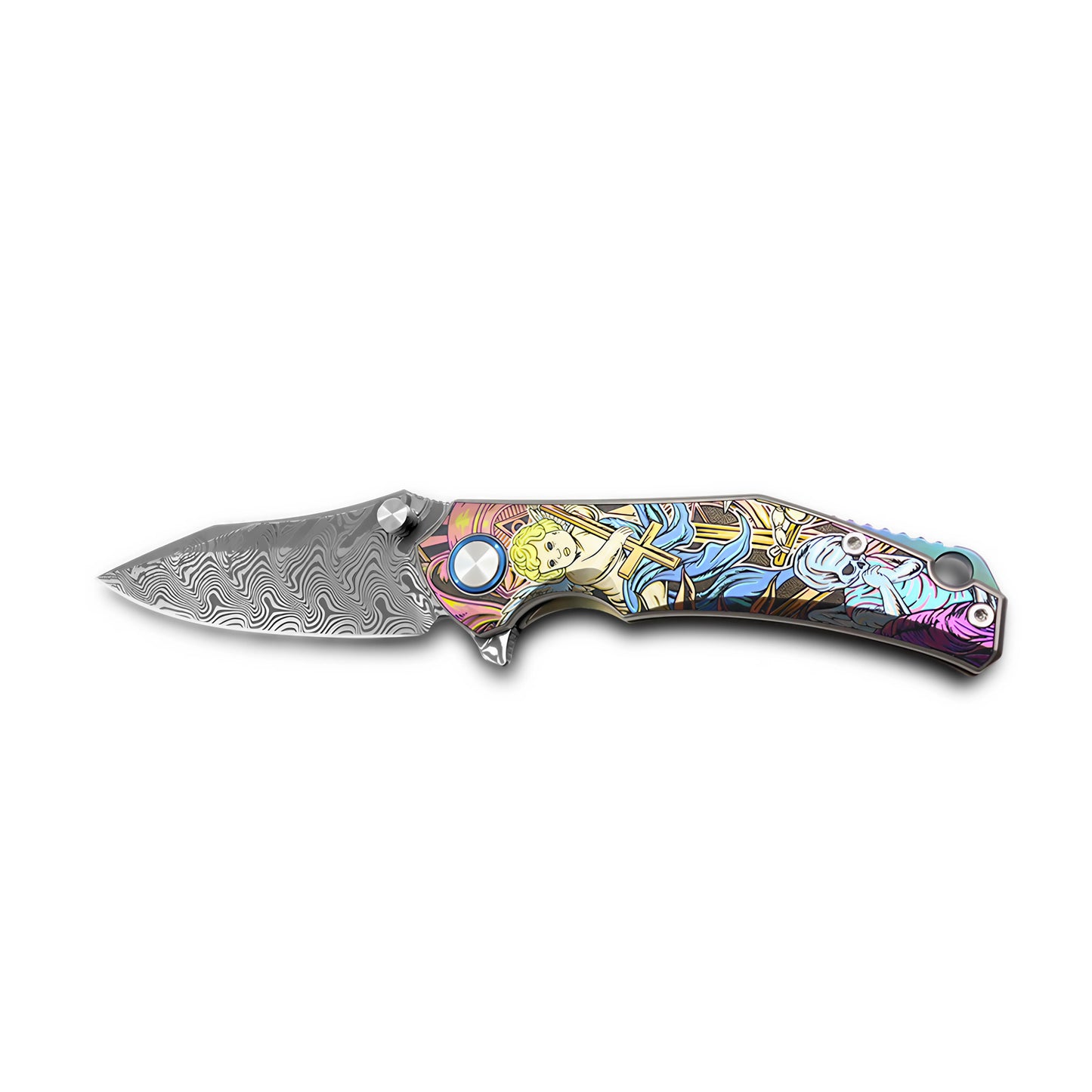 MFKNIFE Flipper & Thumb Stud Knife Titanium-Engraved Anodized Coloring Handle (4.0" VG10 Blade) KB007