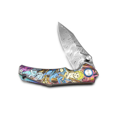 MFKNIFE Flipper & Thumb Stud Knife Titanium-Engraved Anodized Coloring Handle (4.0" VG10 Blade) KB007