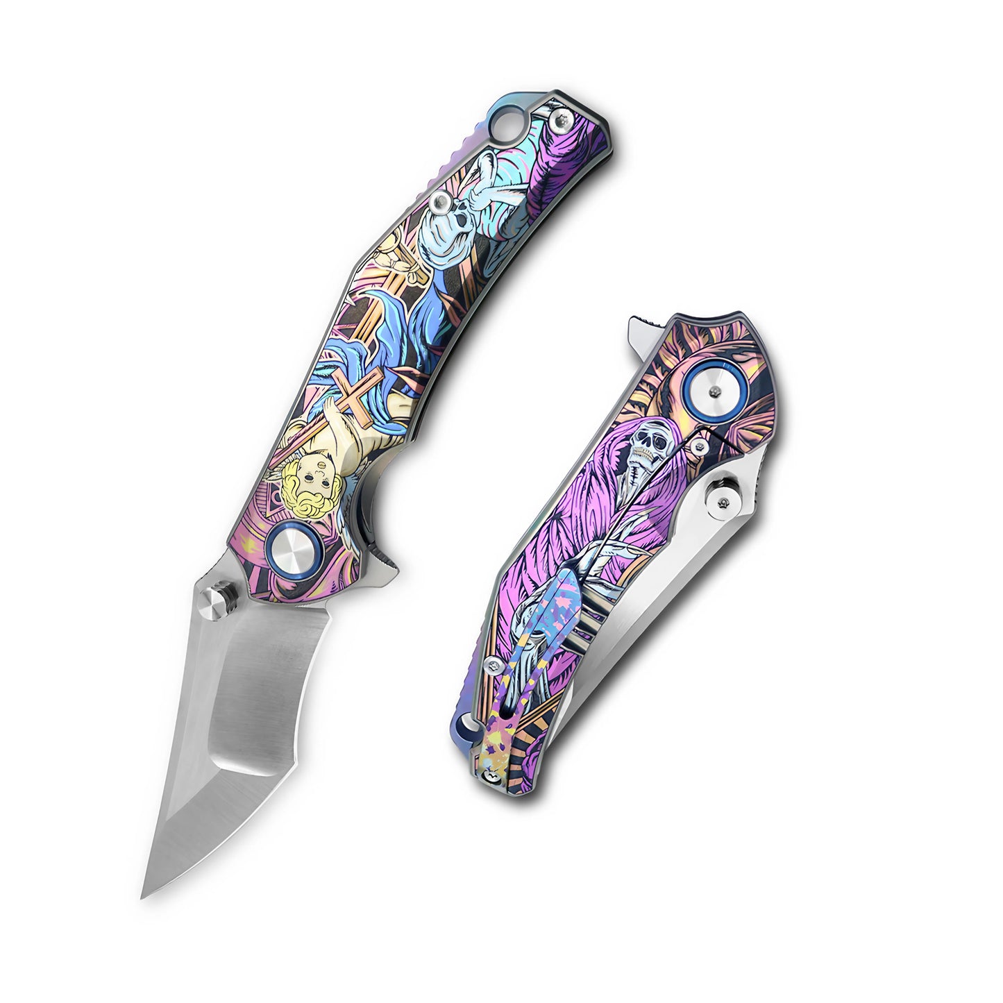 MFKNIFE Flipper & Thumb Stud Knife Titanium-Engraved Anodized Coloring Handle (4.0" VG10 Blade) KB009