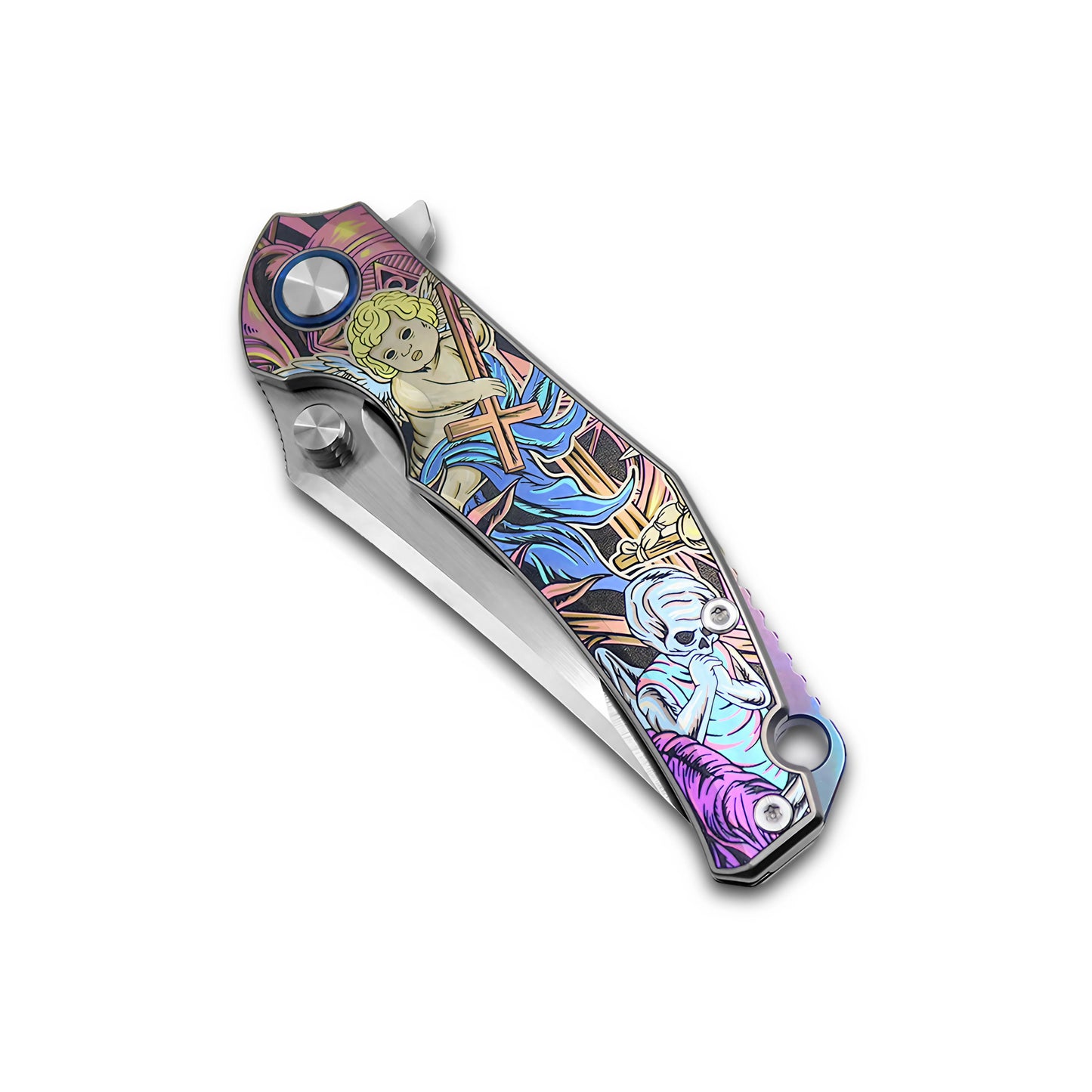 MFKNIFE Flipper & Thumb Stud Knife Titanium-Engraved Anodized Coloring Handle (4.0" VG10 Blade) KB009