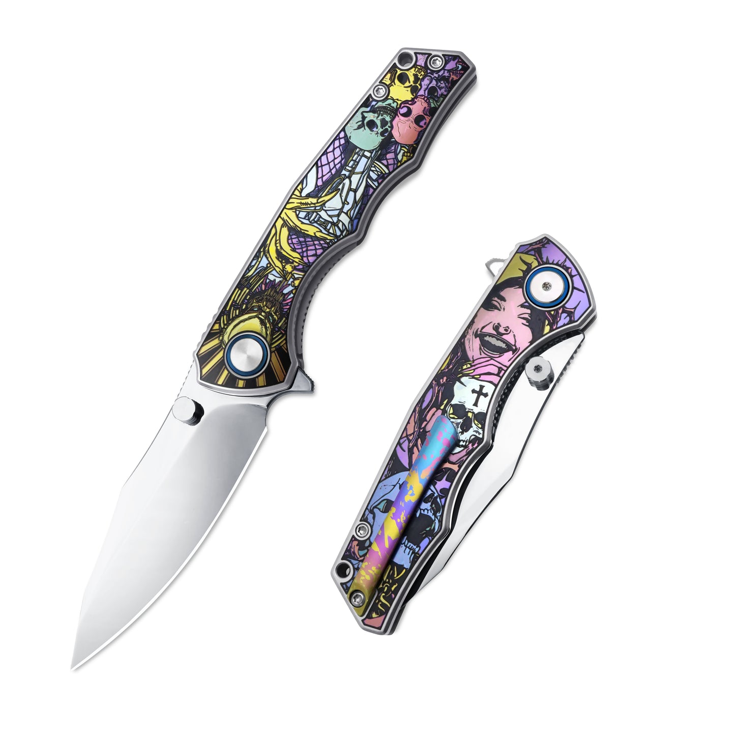 MFKNIFE Flipper & Thumb Stud Knife Titanium-Engraved Anodized Coloring Handle (4.2" VG10 Blade) KB015