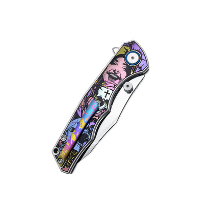 MFKNIFE Flipper & Thumb Stud Knife Titanium-Engraved Anodized Coloring Handle (4.2" VG10 Blade) KB015
