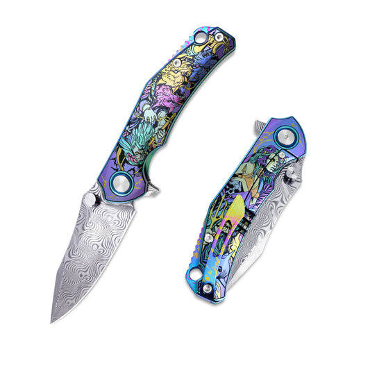 MFKNIFE Flipper & Thumb Stud Knife Titanium-Engraved Anodized Coloring Handle (4.1" Damascus steel Blade) KB017
