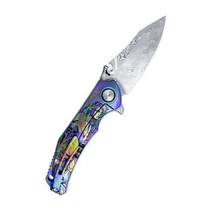 MFKNIFE Flipper & Thumb Stud Knife Titanium-Engraved Anodized Coloring Handle (4.1" Damascus steel Blade) KB017