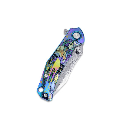 MFKNIFE Flipper & Thumb Stud Knife Titanium-Engraved Anodized Coloring Handle (4.1" Damascus steel Blade) KB017